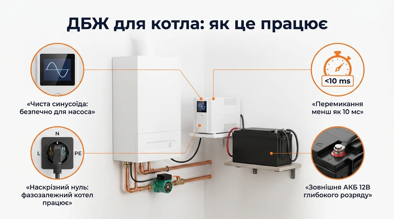 ДБЖ для котла: синусоїда, наскрізний нуль і вибір АКБ - стаття SolarProm