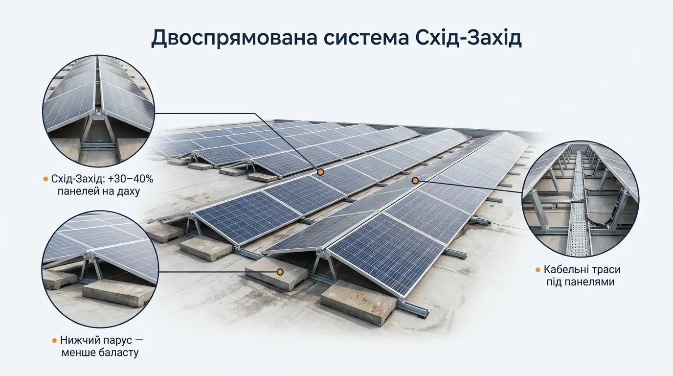 Двоспрямована система схід-захід: щільні «намети» панелей, +30–40% потужності на тій самій площі