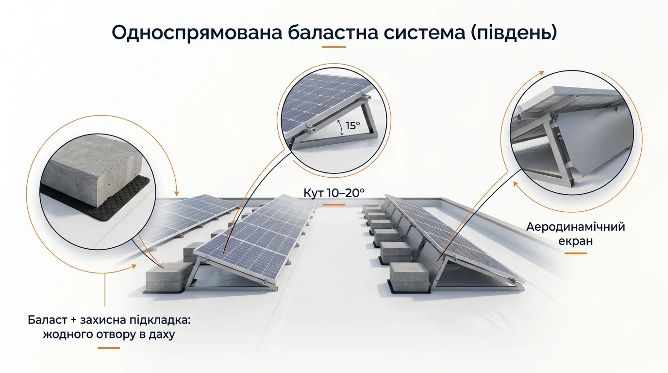 Фото-інфографіка: баластна система на плоскому даху — бетонний баласт на захисних підкладках, кут 10–20°, аеродинамічний екран