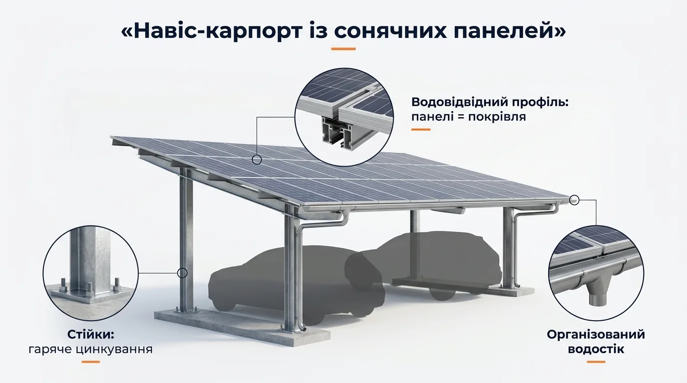 Фото-інфографіка: сонячний навіс-карпорт — оцинковані стійки, водовідвідні профілі, організований водостік