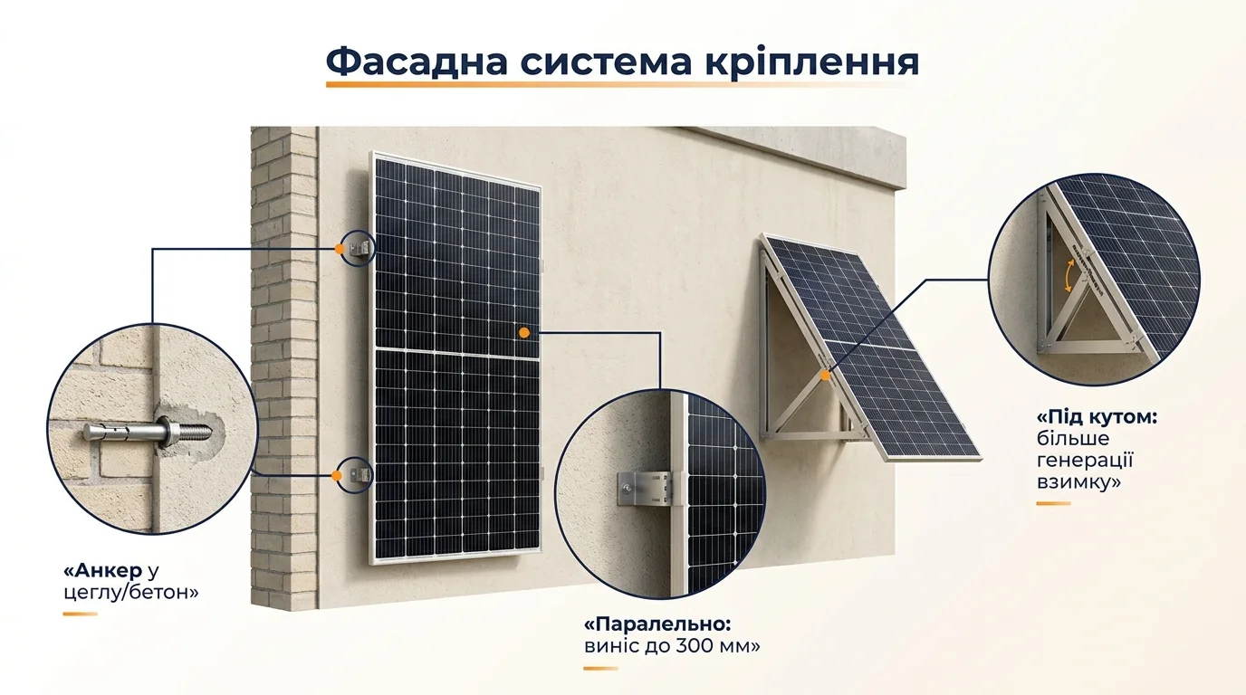 Фото-інфографіка: фасадне кріплення панелей — паралельно стіні з виносом до 300 мм або під кутом, анкери в цеглу