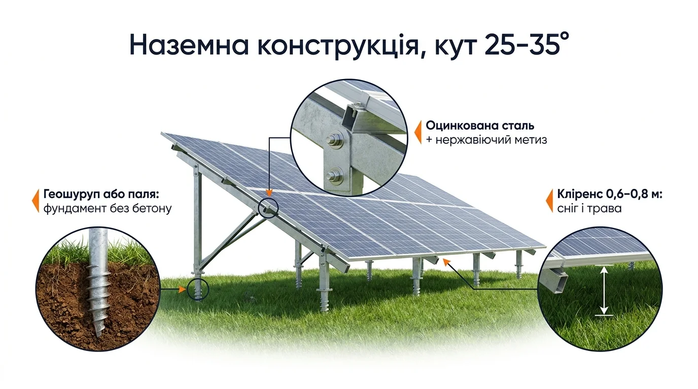 Фото-інфографіка: наземна конструкція на геошурупах — оцинкована сталь, кут 25–35°, кліренс 0,6–0,8 м
