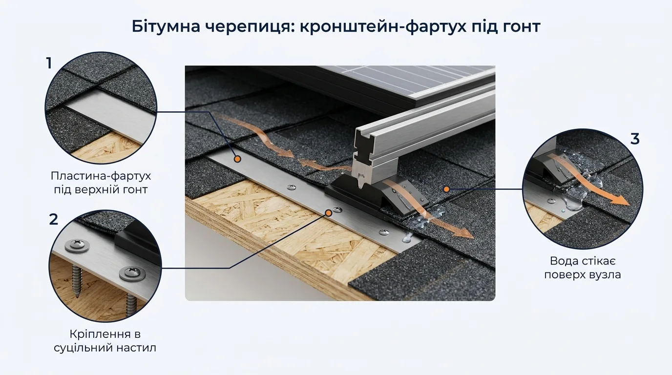 Фото-інфографіка вузла кріплення на бітумній черепиці: пластина-фартух під верхній гонт, кріплення в суцільний настил OSB, вода стікає поверх вузла