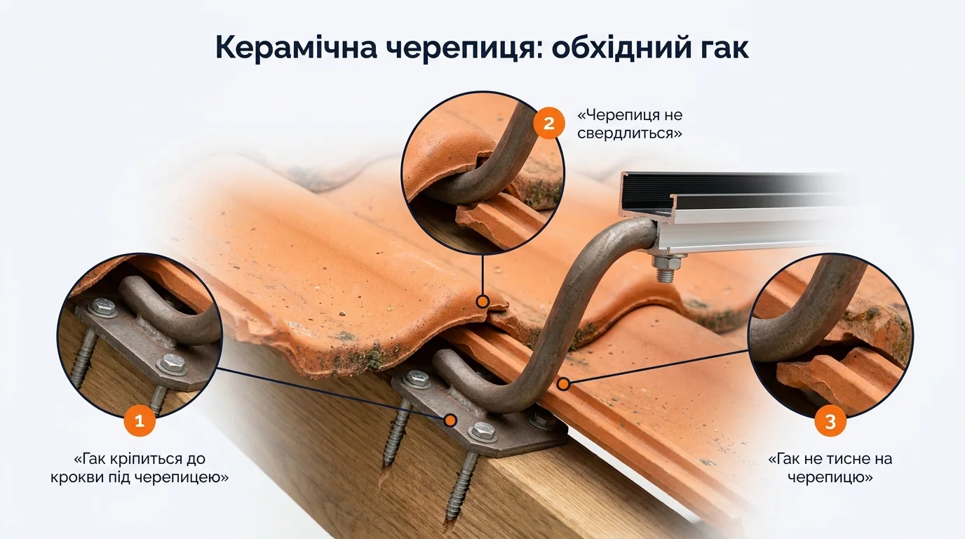 Фото-інфографіка вузла кріплення на керамічній черепиці: кований обхідний гак до крокви під черепицею, черепиця не свердлиться і не навантажується