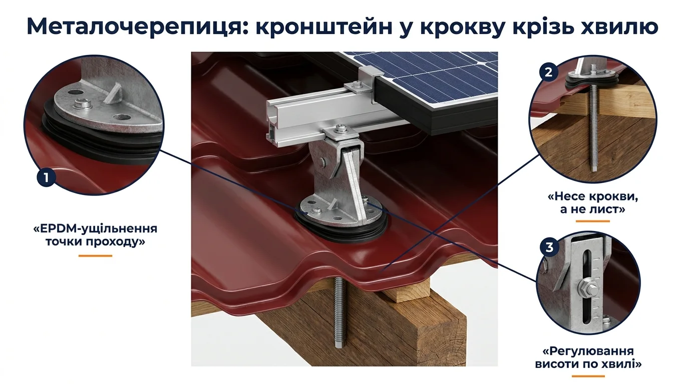Фото-інфографіка вузла кріплення на металочерепиці: регульований кронштейн у крокву крізь хвилю, EPDM-ущільнення, регулювання висоти
