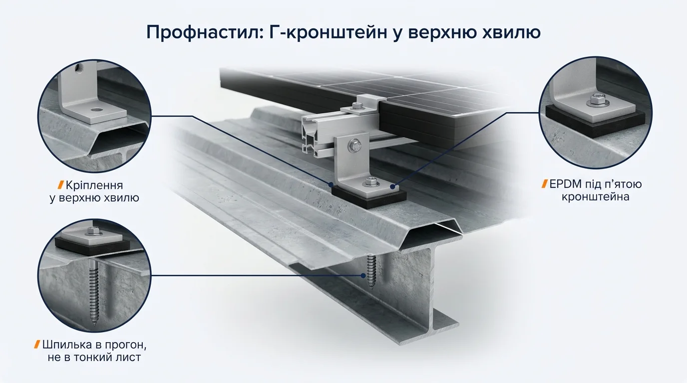Фото-інфографіка вузла кріплення на профнастилі: Г-кронштейн у верхню хвилю, шпилька в металевий прогон, EPDM під пʼятою