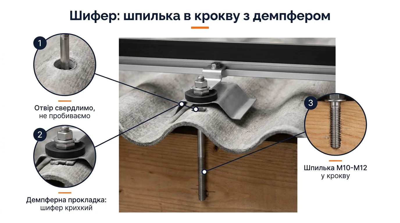 Фото-інфографіка вузла кріплення на шифері: шпилька M10-M12 у крокву через просвердлений отвір, демпферна гумова прокладка і фартух