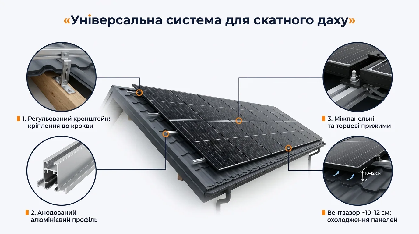 Фото-інфографіка: універсальна система кріплення на скатному даху — кронштейн у крокву, алюмінієвий профіль, прижими, вентзазор 10–12 см