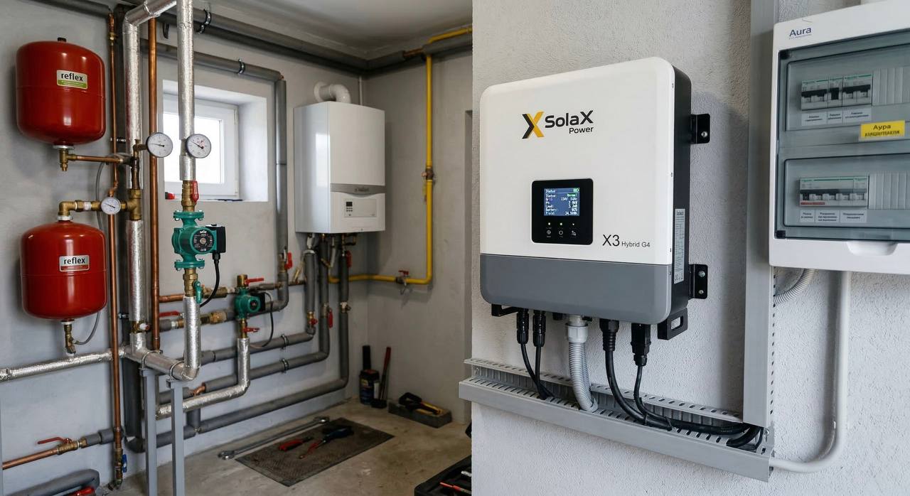 Сучасний інвертор SolaX G4 або Deye на стіні в котельні