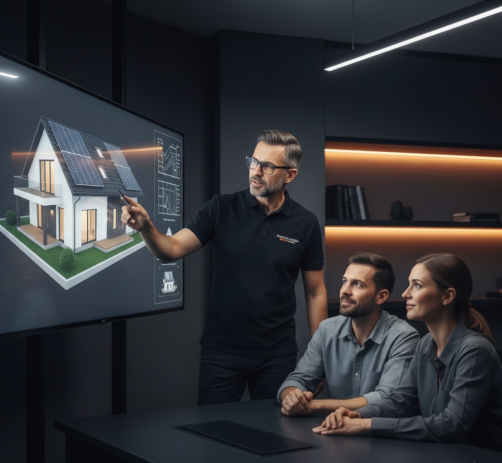 Інженер SolarProm консультує клієнтів по 3D-проєкту СЕС