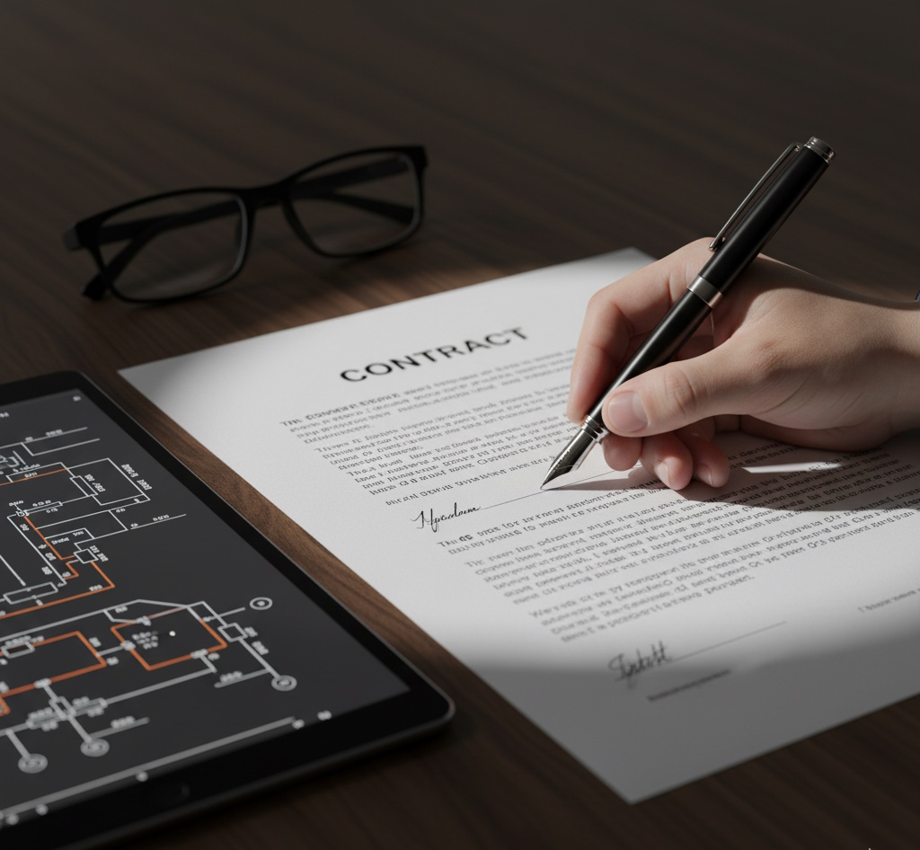 Підписання договору SolarProm на тлі CAD-креслення